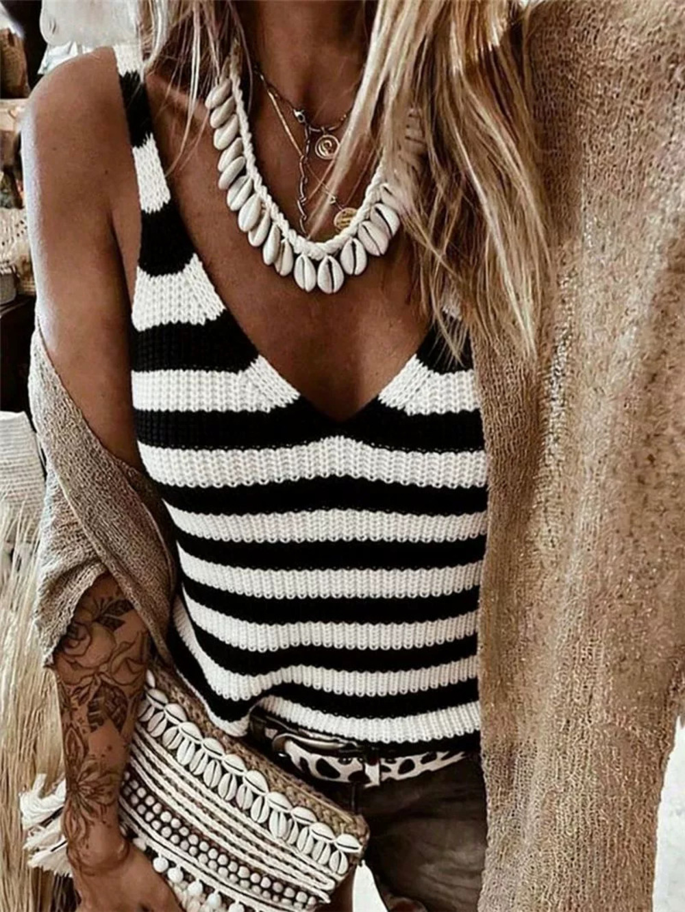 Zara Collarless Striped Knit Camisole Sleeveless Casual Top Spring Summer